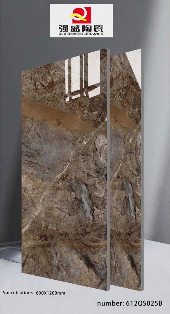 QingSheng Dark Brown Grey Rustic Marble Glossy Tile – 24×48 | 600×1200mm