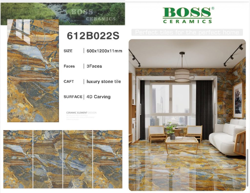 Ochre Gold & Blue Marble 4D Carving Luxury Stone Tile – 24x48 (600x1200x11 mm) | Boss Ceramics