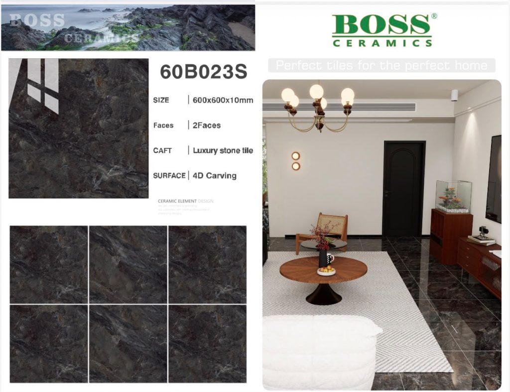 Dark Grey Charcoal 4D Carving Luxury Stone Tile – 24x24 (600x600x10 mm) | Boss Ceramics