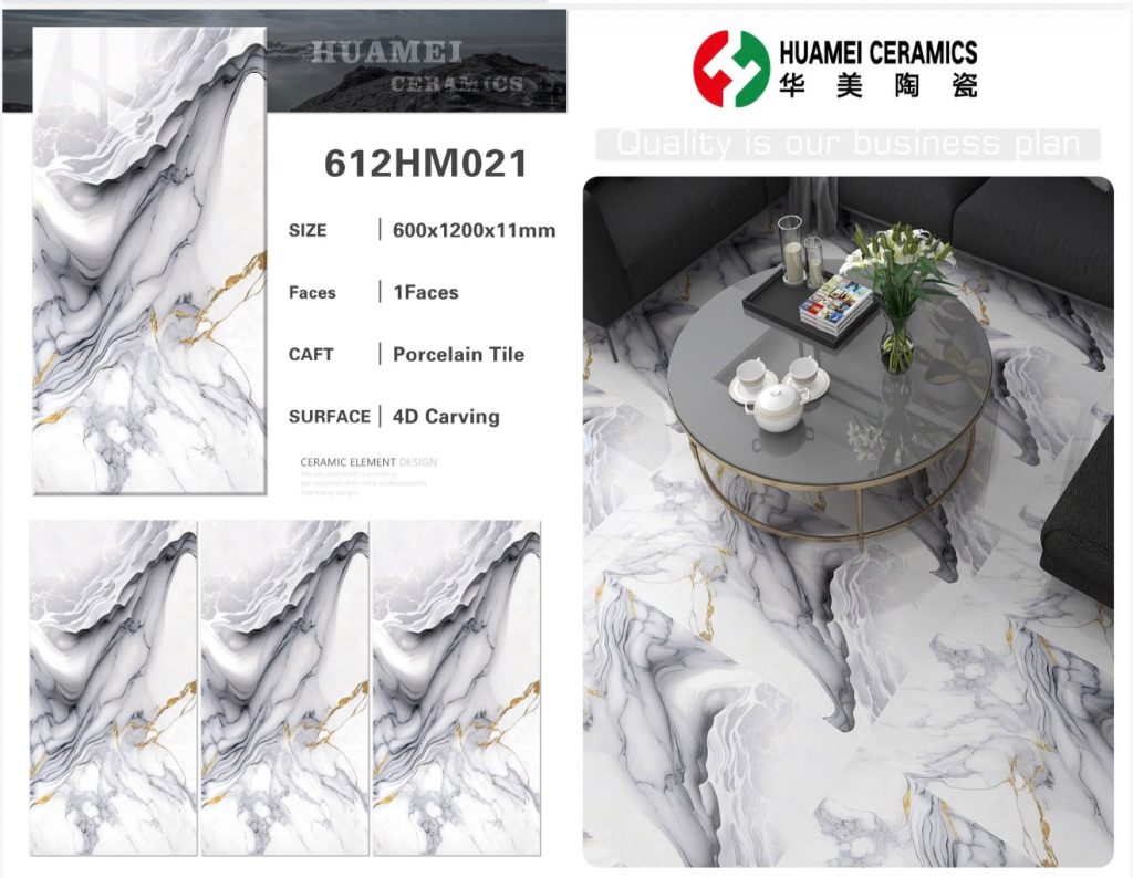 White Grey Marble 4D Carving Porcelain Tile – 24x48 (600x1200x11 mm) | Huamei Ceramics