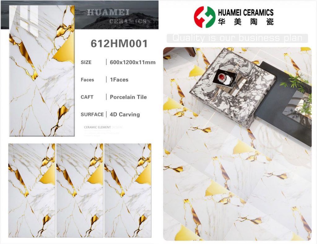 White & Vibrant Gold 4D Carving Porcelain Tile – 24x48 (600x1200x11 mm) | Huamei Ceramics