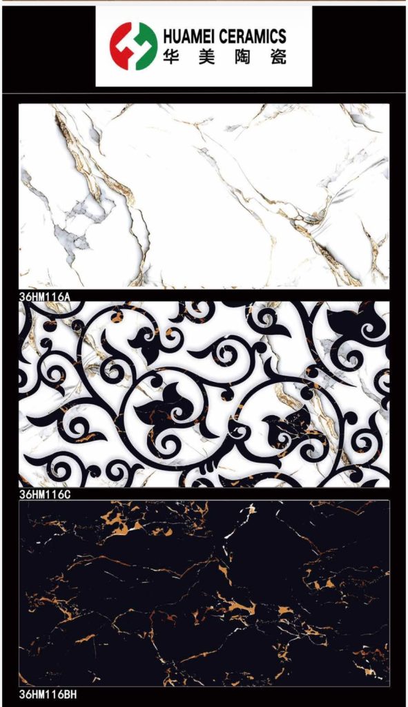 3-Piece Black Gold Arabesque Decorative Tile Set – 12x24 | Huamei Ceramics